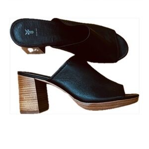 Frye Black Leather Mules with Wooden Heel